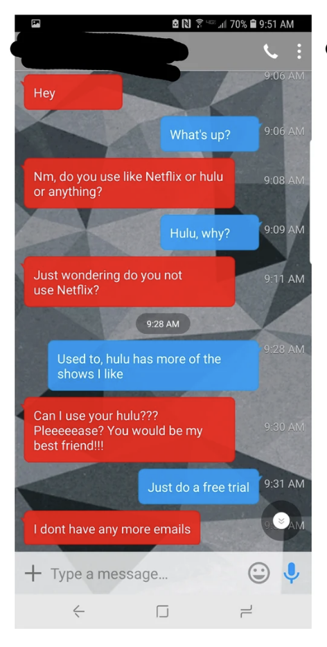Text message exchange asking about Netflix or Hulu usage and offering a Hulu account free trial