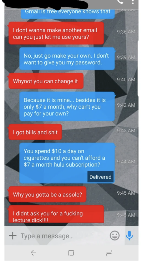 Summarized text exchange about sharing Netflix account, password concerns, and questioning financial priorities
