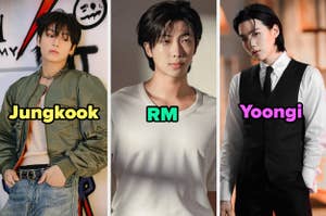 Jungkook con chaqueta verde y jeans, RM con camiseta blanca, y Yoongi con chaleco y camisa negros