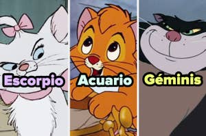 Personajes animados de Disney como signos zodiacales: Gatita Marie como Escorpio, Oliver como Acuario, Lucifer como Géminis