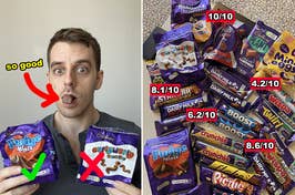 Man holds Cadbury Fudge Minis with a thumbs up; assorted chocolate bars with ratings out of 10 nearby