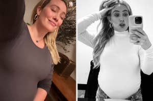 Two side-by-side selfies of Hilary Duff, one color and one monochrome, both showcasing her pregnancy