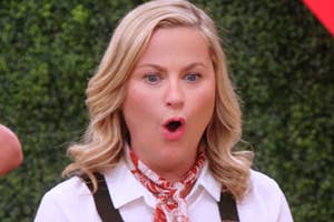 A surprised Leslie Knope (character from Parks and Recreation) with a shocked expression