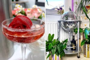 A rose shaped ice drink and a disco ball home bar setup