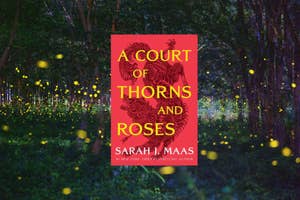 Book cover of "A Court of Thorns and Roses" by Sarah J. Maas with a fantasy background of lightning bugs in a forest.