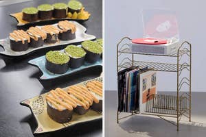 Two images: left, assorted sushi on cat serving plates; right, a modern record player stand with vinyl records