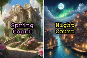 Two illustrated scenes: 'Spring Court' with a floral villa and 'Night Court' with moonlit coastal houses