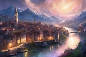 Fantasy artwork of an idyllic town by a river with mountains in the background and a luminous sky