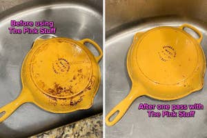 Before and after comparison of a skillet cleaned using 'The Pink Stuff'