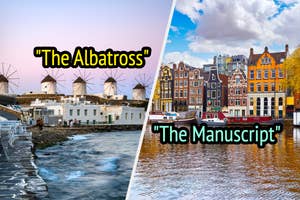 Side-by-side images titled "The Albatross" with windmills by the sea and "The Manuscript" showing Amsterdam canal houses