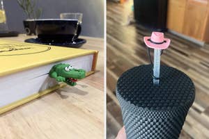 crocodile bookmark peeking out from a book and pink cowboy hat topped on straw
