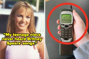 Split image: Left shows Britney Spears smiling with the text "My teenage niece never heard Britney Spears' songs", right features a hand holding an old Nokia phone