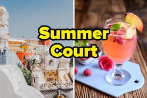 Split image with a historic building on the left and a fruit cocktail on the right, with "Summer Court" text overlay
