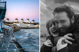 Windmills in Mykonos and Taylor Swift and Post Malone hugging and smiling.