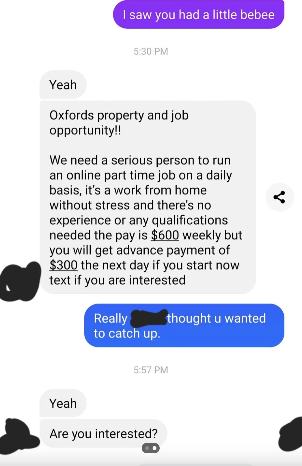 A screenshot of a text message conversation discussing a questionable job opportunity with advance payment terms