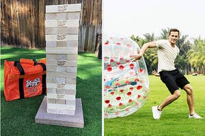 on left: outdoor Jenga game. on right: model playing with bumper bubble body soccer ball 