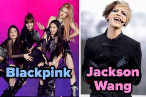Miembros de Blackpink posando juntas; Jackson Wang en concierto con camisa negra adornada