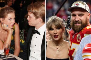 Two images side by side, first shows Taylor Swift in conversation with a man at an event, second is Taylor Swift posing with a man in a Chiefs jersey