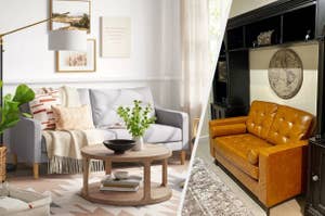 on left: gray two-seat sofa, on right: brown loveseat