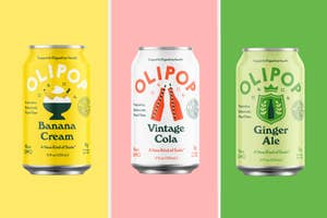 Three cans of OLIPOP soda in flavors Banana Cream, Vintage Cola, and Ginger Ale, promoting digestive health