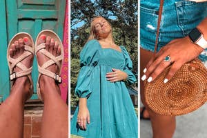 reviewer in tan strappy sandals / reviewer in teal puff sleeve dress / reviewers rattan bag