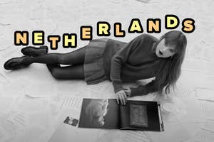 Taylor Swift lies on the floor with papers around her, looking at a book, text "NETHERLANDS" above