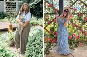 reviewer in green jumpsuit / model in blue floral maxi dress