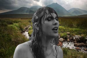 Black and White image of Taylor Swift in the rain overlaid on top of an image of Scotland.