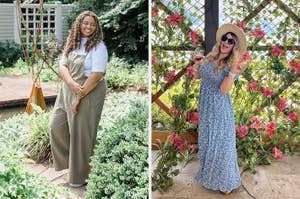 reviewer in green jumpsuit / model in blue floral maxi dress