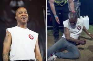 Two images of Frank Ocean, one performing in a white tee, another sitting outdoors interacting with a device