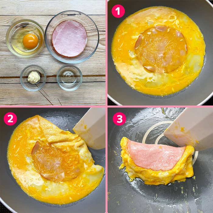 卵料理の作り方を示す4枚の画像。