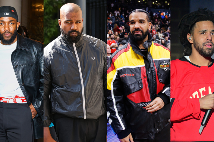 Four male artists in a collage, from left to right: casual and athleisure outfits, one artist holding a microphone
