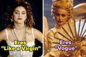 Madonna en sus icónicos atuendos de los videos "Like a Virgin" y "Vogue"