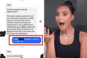 Meme format image with text conversation offering a shady job, paired with skeptical Kim Kardashian reaction.
