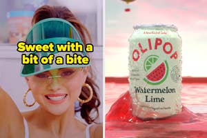 Selena Gomez in a colorful visor and a Watermelon Lime Olipop.