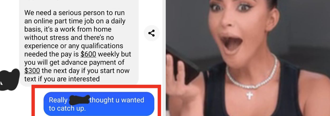 Meme format image with text conversation offering a shady job, paired with skeptical Kim Kardashian reaction.

