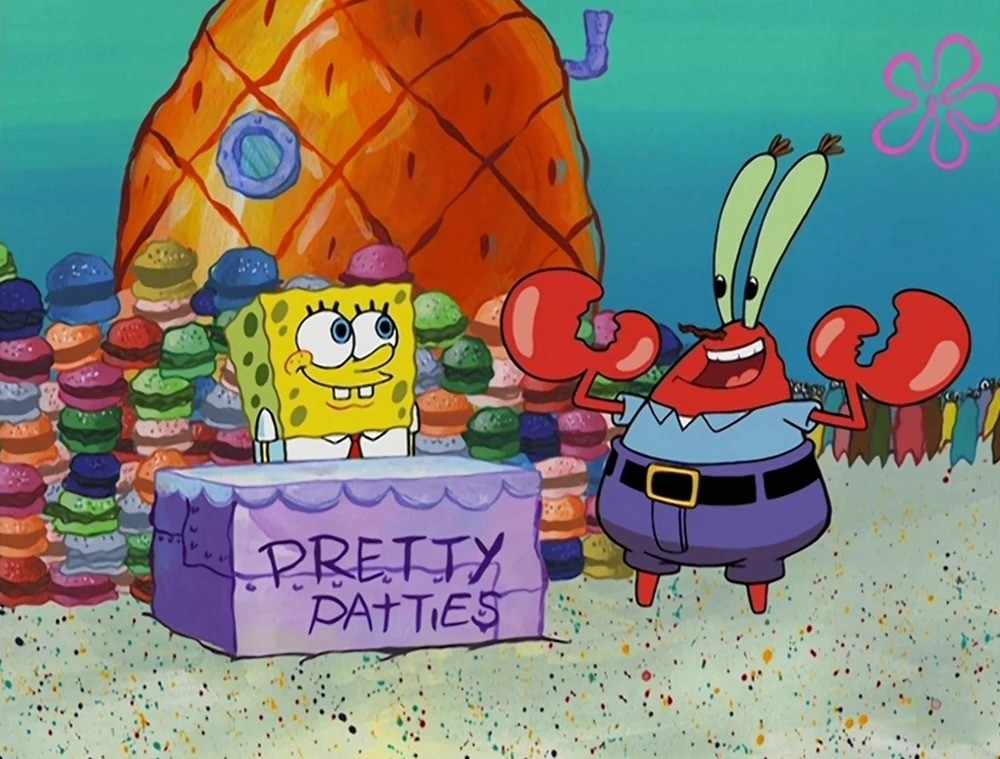SpongeBob and Mr. Krabs stand behind a stall labeled &quot;Pretty Patties&quot; with colorful burger stacks