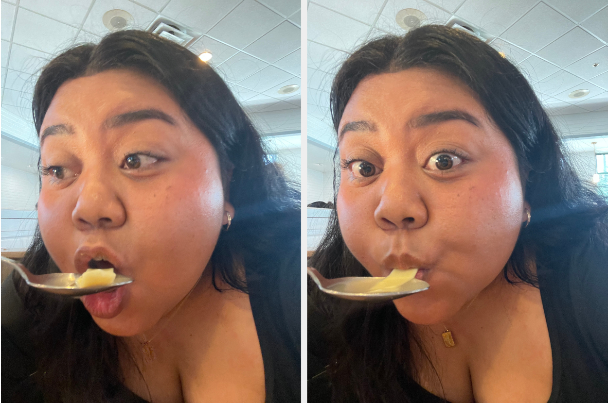 Woman tasting food with a spoon, looking excited; likely related to a food review or tasting event