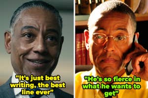 Split screen of Gustavo Fring from Breaking Bad smiling and talking on phone in serious demeanor