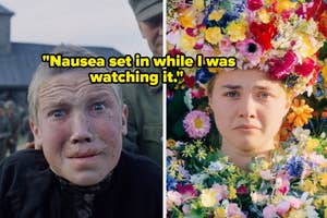 Two side-by-side scenes from a movie showing the same character's contrasting expressions, one distressed and one serene, adorned with flowers