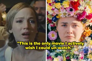 Split image: left shows Jennifer Lawrence in a scene, right is Florence Pugh's face framed by flowers. Quote about movie regret