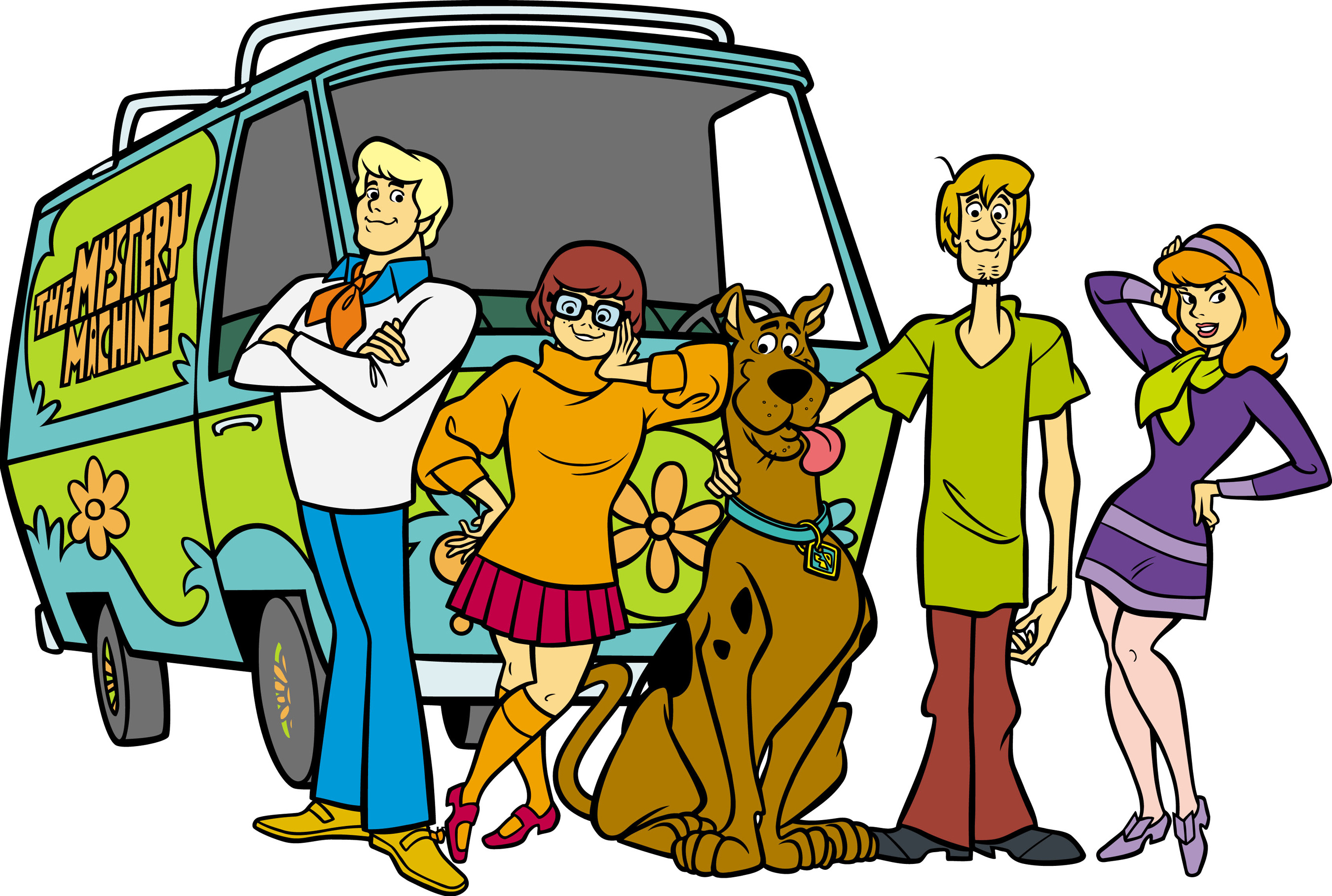 Fred, Velma, Scooby-Doo, Shaggy, and Daphne stand by the Mystery Machine