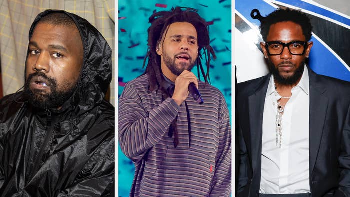 Three male artists: Ye in a black jacket, J. Cole in a striped shirt holding a mic, Kendrick Lamar in a suit with glasses