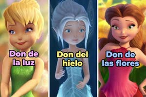 Tres personajes de Disney con letreros: Hada de "Tinker Bell", Reina Elsa de "Frozen" y princesa Rapunzel de "Enredados"