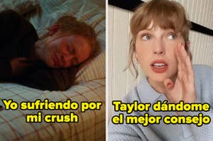 Meme con dos paneles, izquierdo "Yo sufriendo por mi crush" con persona acostada, derecho "Taylor dándome el mejor consejo" con Taylor Swift hablando