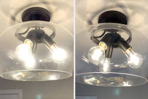 Ceiling light fixture with a transparent cover and three exposed light bulbs on