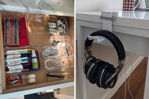 A drawer organizer with various office supplies; headphones hanging on a desk hook
