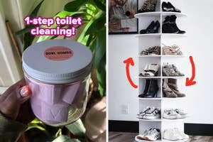 Jar of Bowl Bombs next to text "1-step toilet cleaning!" and a carousel shoe organizer displaying various footwear in a home setting