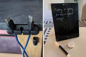 A charging dock with multiple cables and a digital tablet with a motivational quote on its screen