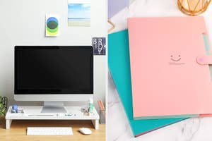 A desktop with monitor and accessories beside stack of pastel organizers on a desk